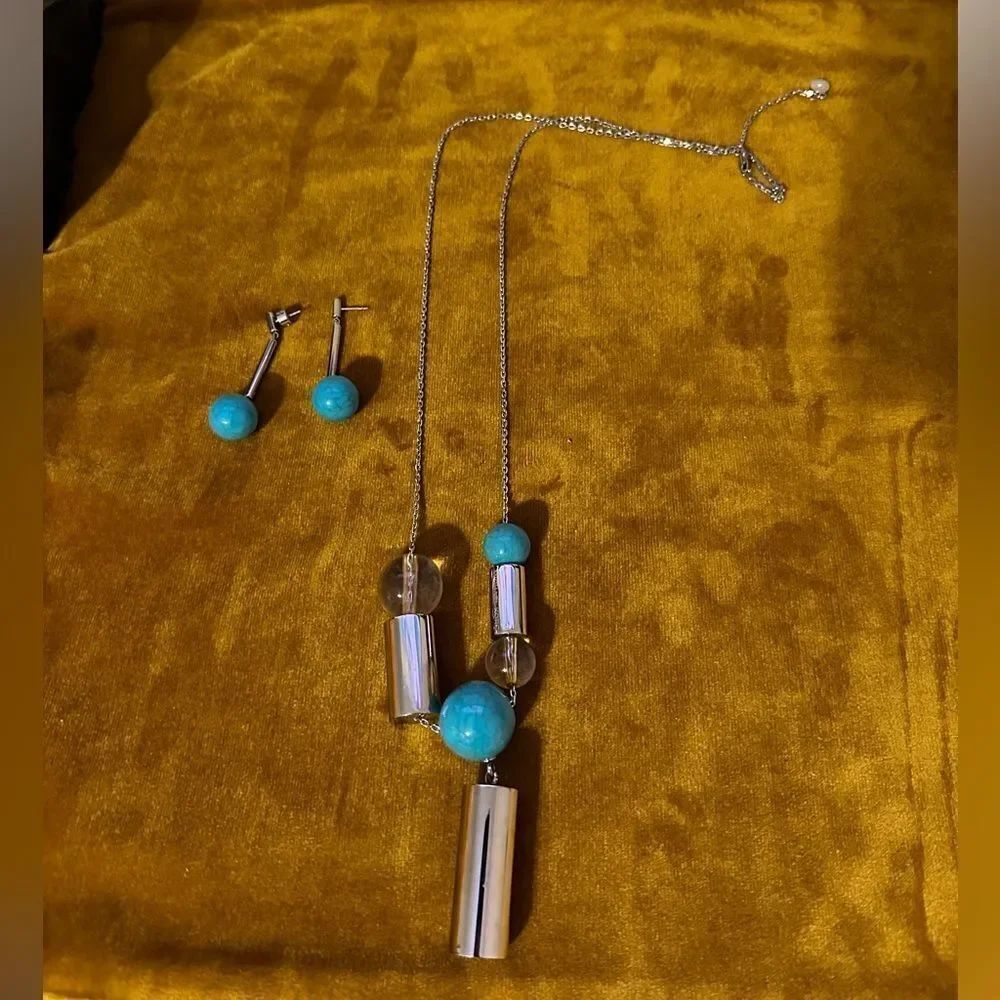 MICHAEL KORS SILVER TONE BAR+TURQUOISE BALL DANGLE EARRINGS & Matching Necklace